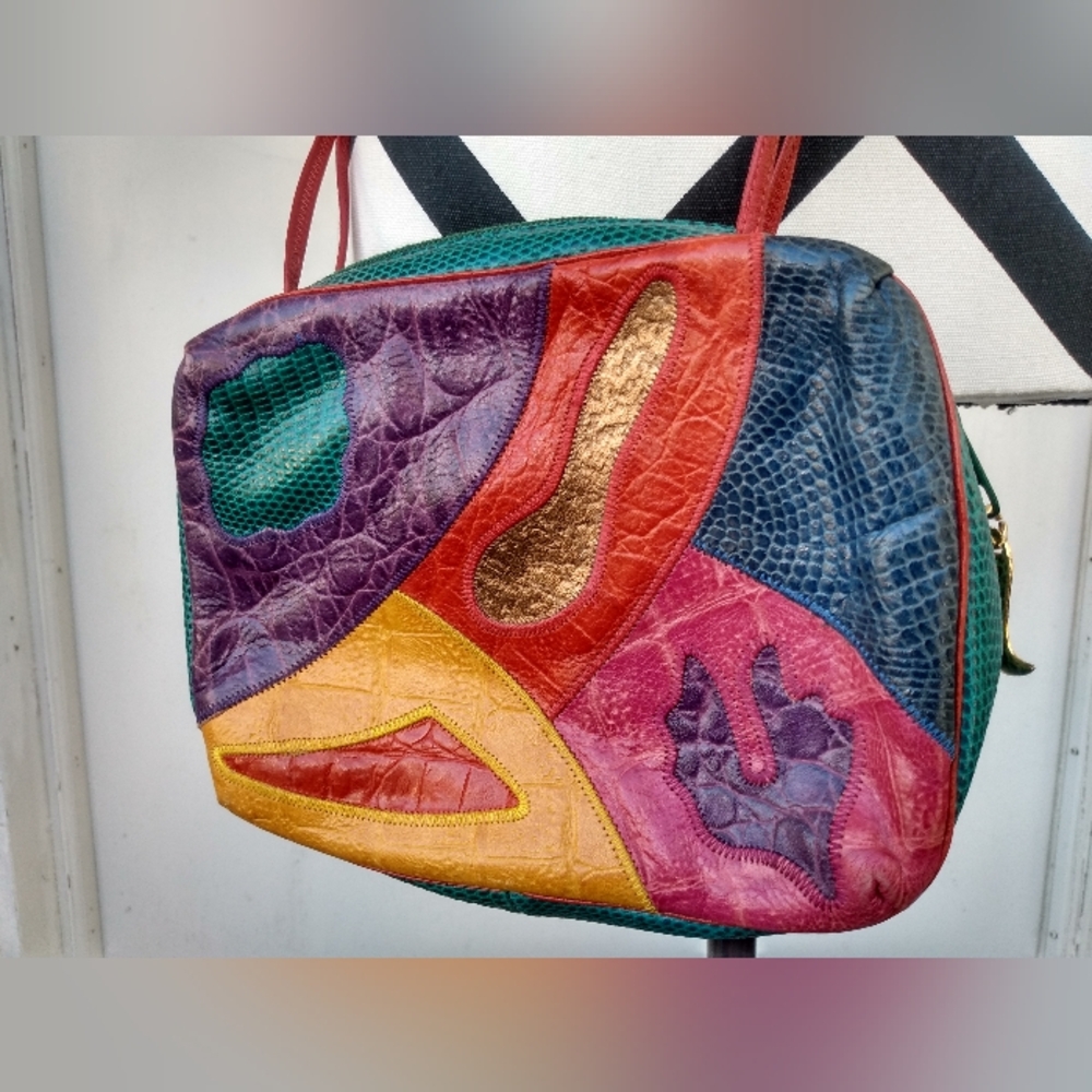 Sharif USA Primary Colors 80s 90s Vintage Bag Green Red Patchwork Rainbow - Picture 1 of 12